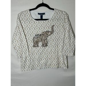 Karen Scott Women's Cotton 3/4 Sleeve Top Embellished Elephant Design Size S